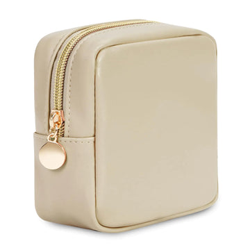 Wandering Nature Small Makeup Bag for Purse Mini Make up Pouch Cute Cosmetic Pouch for Women with Slip-in Pockets Matte Leather Beige