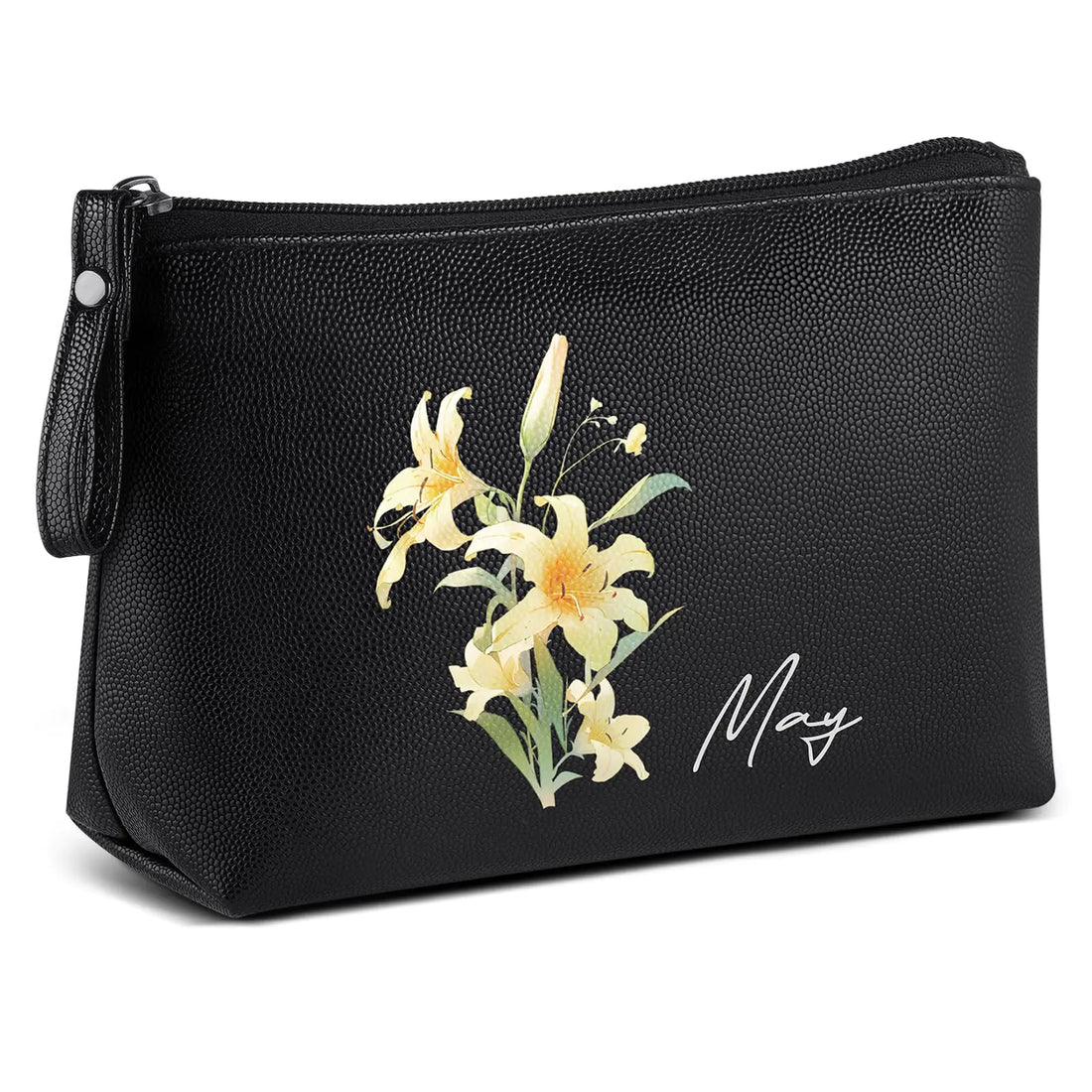 MAANGE Small Makeup Bag Personalized Cosmetic Bag PU Leather Makeup Pouch Black Make up Bag for Purse Birthday Gifts for Women May