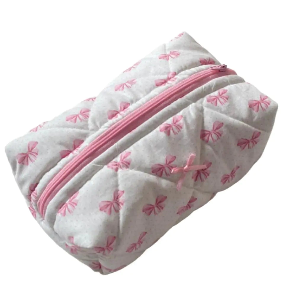 irLocy Coquette Bow Y2k Makeup Bag Cute Quilted Make Up Pouch Small Preppy Floral Cosmetic Bag Toiletry Organizer Bag (Pink bow tie)