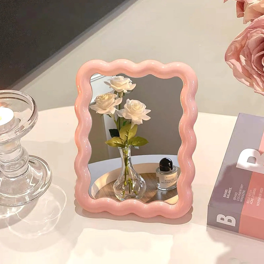 CCREDONE Wave Shaped Table Desk Vanity Makeup Mirror Portable Folding Cute Travel Make Up Mirror for Standing Hanging 6.7X5.3 Inch Home Decoration (Pink)