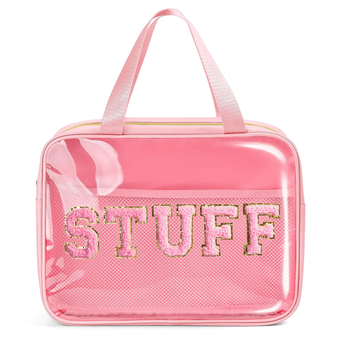 Glitzcharm Clear Makeup Bag Transparent Cosmetic Bag Organizer for Women Waterproof Travel Toiletry Bag Portable Make up Bag with Chenille Letter Large Pink