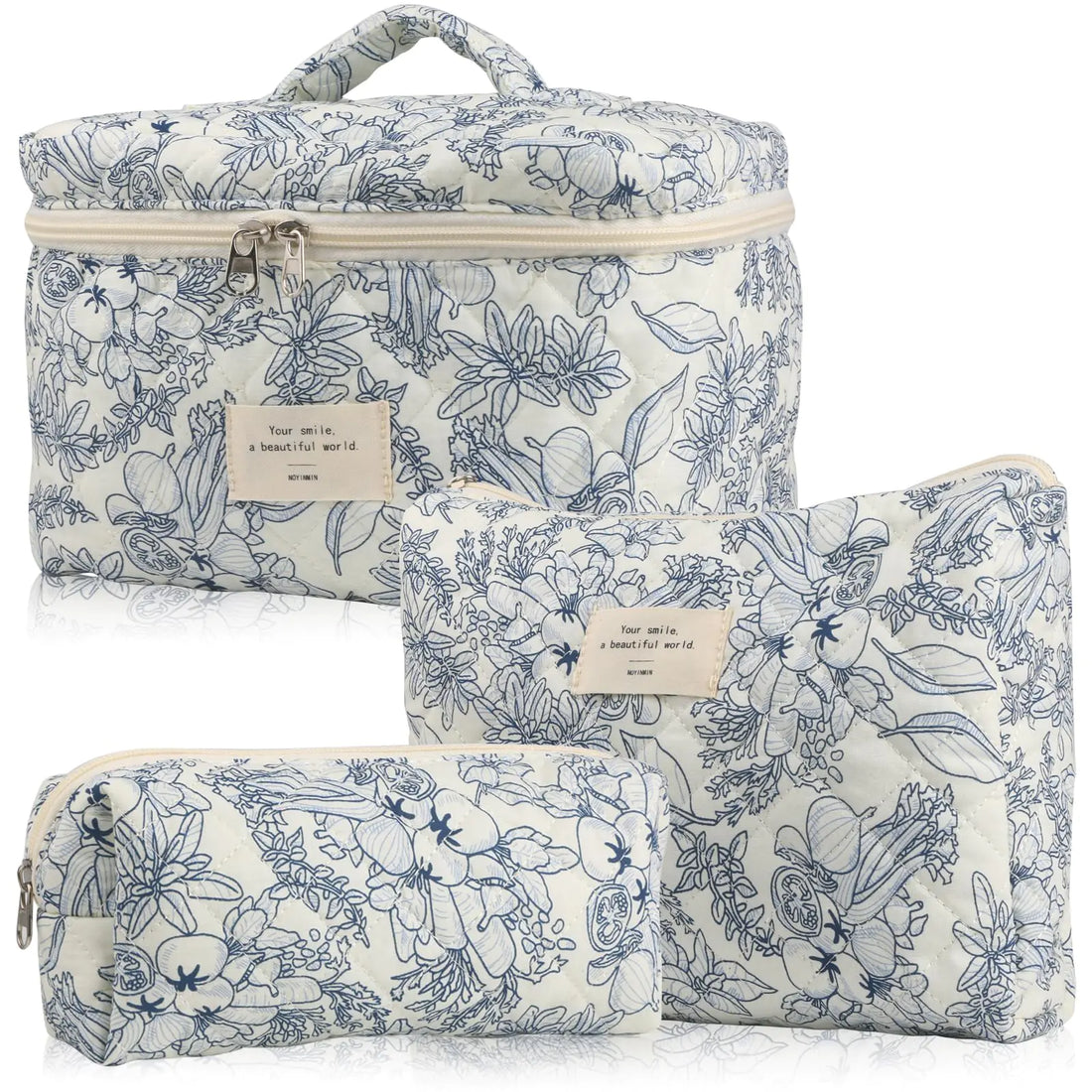 NOYINMIN Cute Makeup Bag for Women(3 Pcs) Quilted Floral Coquette Aesthetic Make up Bags Travel Cosmetic Bags Toiletry Organizer Bag(NavyBlue Flower)