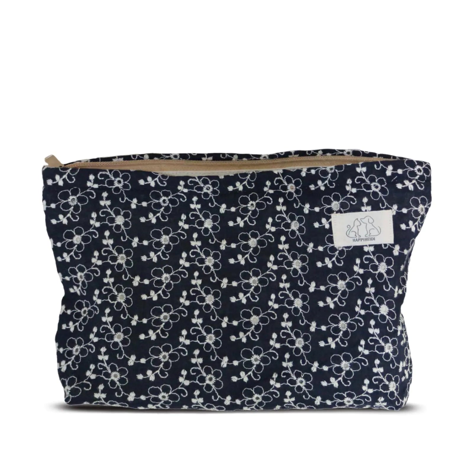 HAPPYHEIDI Soft Embroidered Floral Makeup Bag Cosmetic Travel Pouch Canvas Lined Make Up Purse OrganizerCute Black