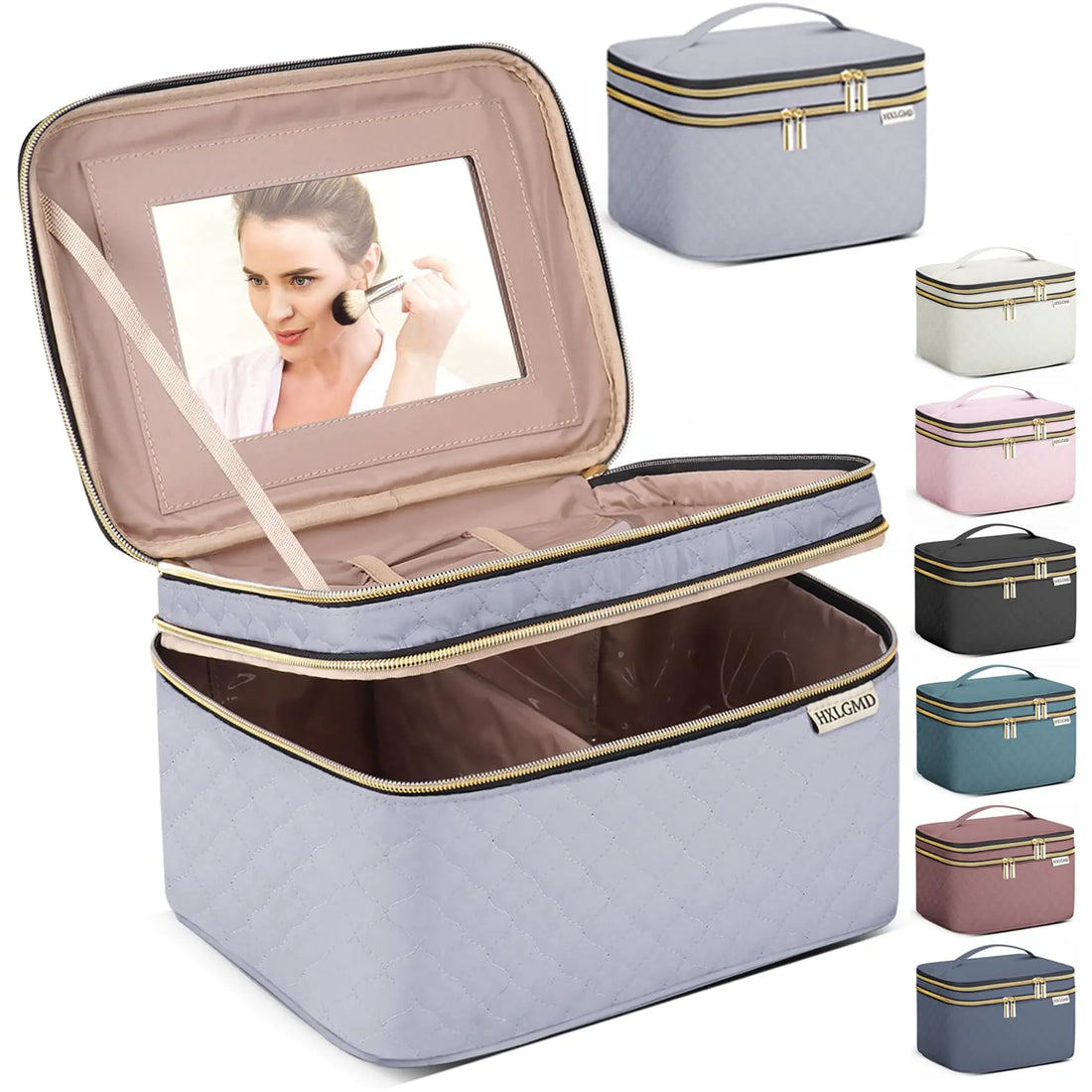 HXLGMD Large Makeup Bag with Mirror Double Layer Travel Make Up Organizer Case Large Capacity Coemetic Bag with Brush Slot Divider