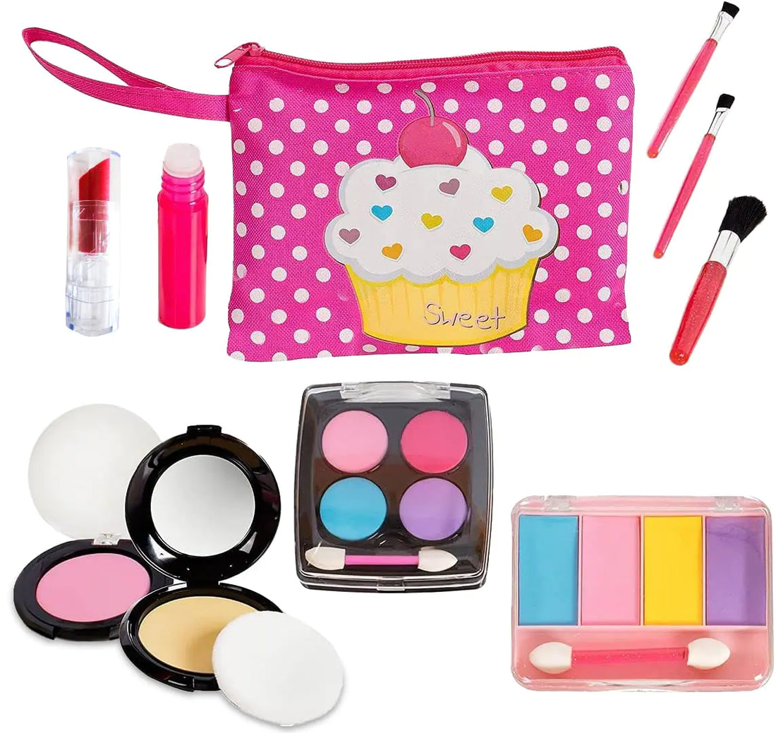 Beverly Hills Pretend Makeup Toy Set My First Princess Cosmetic Beauty Set for Little Girls Kids Pretend Play Dress Up with Stylish Polka Dotted Make Up Bag