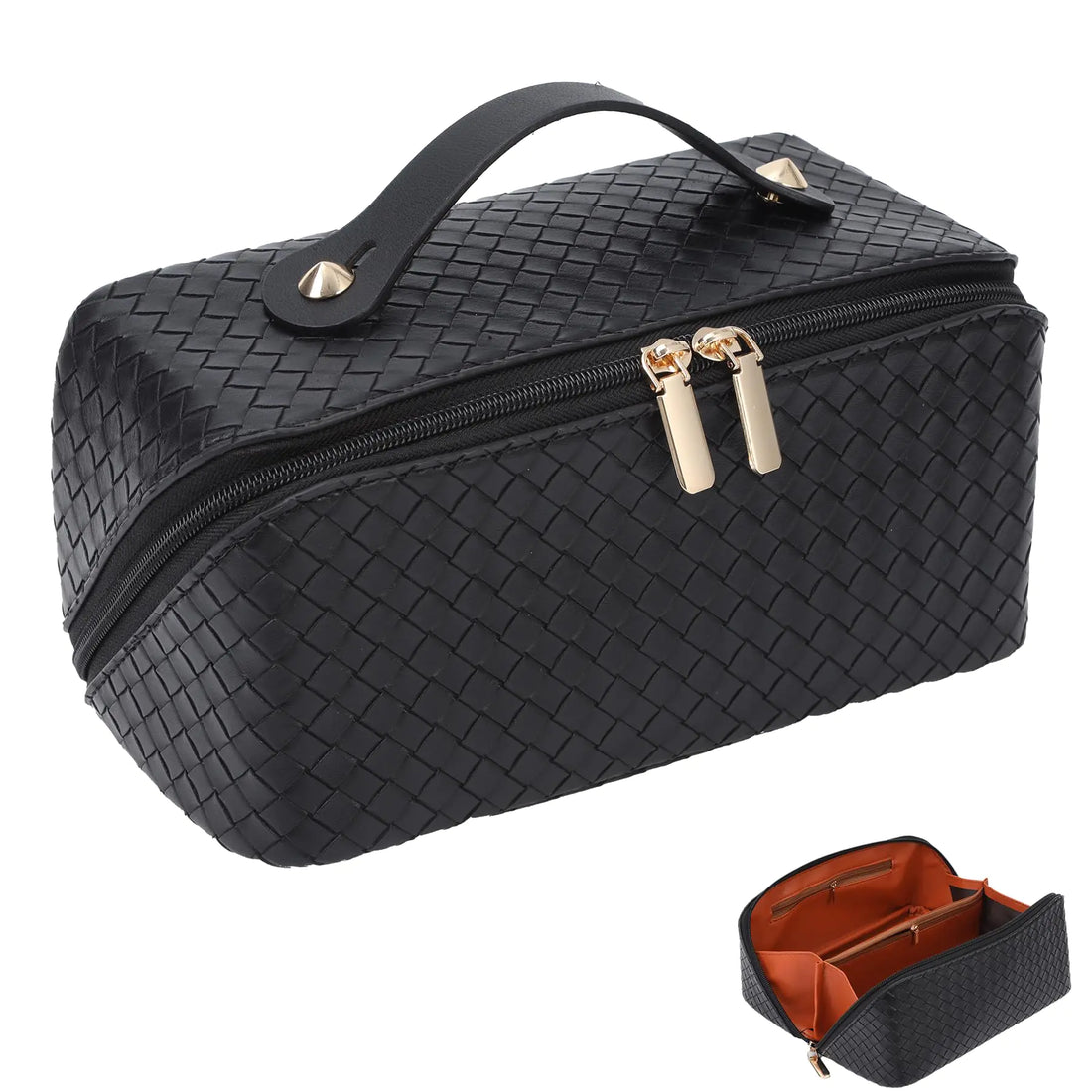 TUTUDECOR Large Capacity Travel Makeup Bag Spacious Cosmetic Bags for Women Portable Pouch Open Flat Make up Organizer Waterproof Leather Toiletry BagWoven-Black