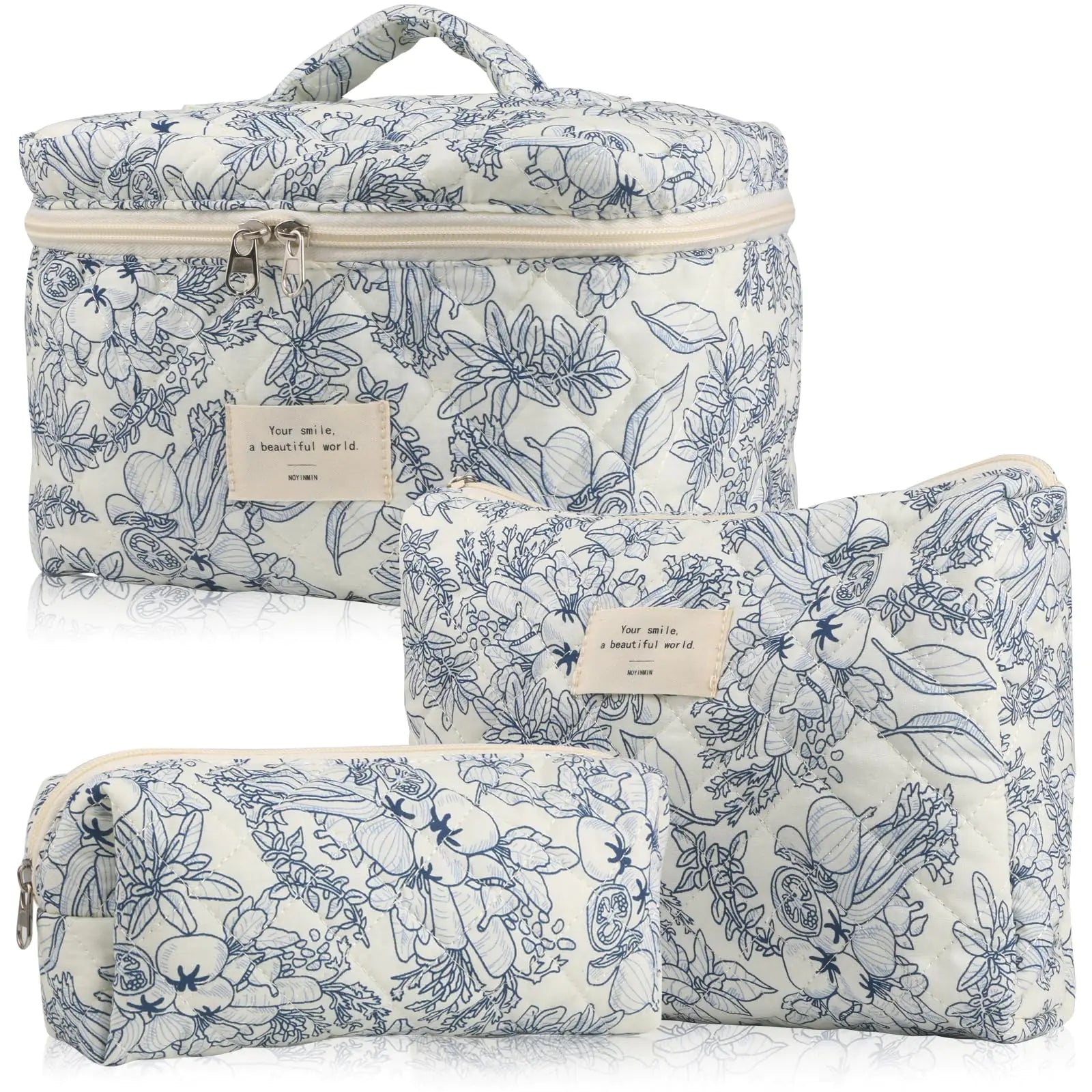 NOYINMIN Cute Makeup Bag for Women(3 Pcs) Quilted Floral Coquette Aesthetic Make up Bags Travel Cosmetic Bags Toiletry Organizer Bag(NavyBlue Flower)