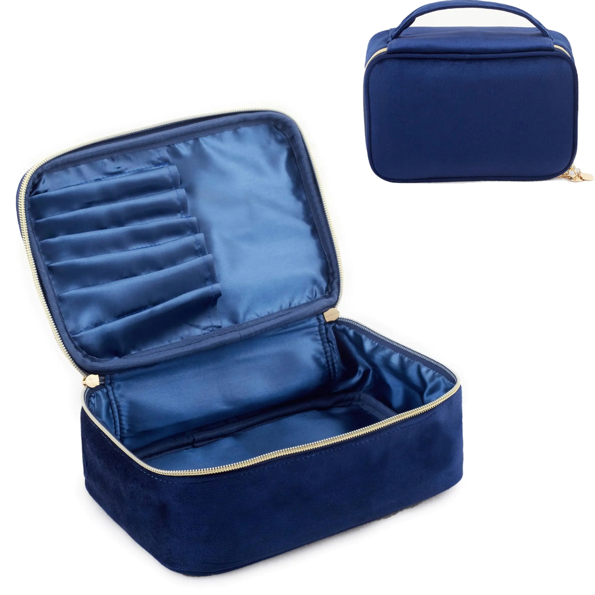 KOPY Velvet Makeup Bag for Women Large and Classy Makeup Organizer Make Up Travel Toiletry Bag Portable With Handle (Navy)