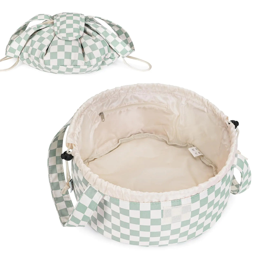 Barrel Drawstring Checkered Makeup Bag Large Cosmetic Bag Make up Bags Toiletry Organizer for Women and Girls (Mint Green Checkerboard) (Patent)