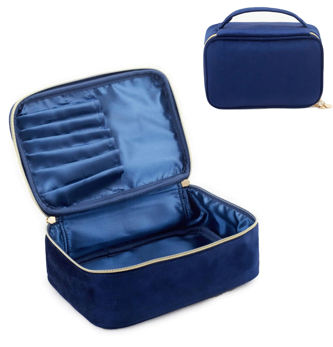 KOPY Velvet Makeup Bag for Women Large and Classy Makeup Organizer Make Up Travel Toiletry Bag Portable With Handle (Navy)