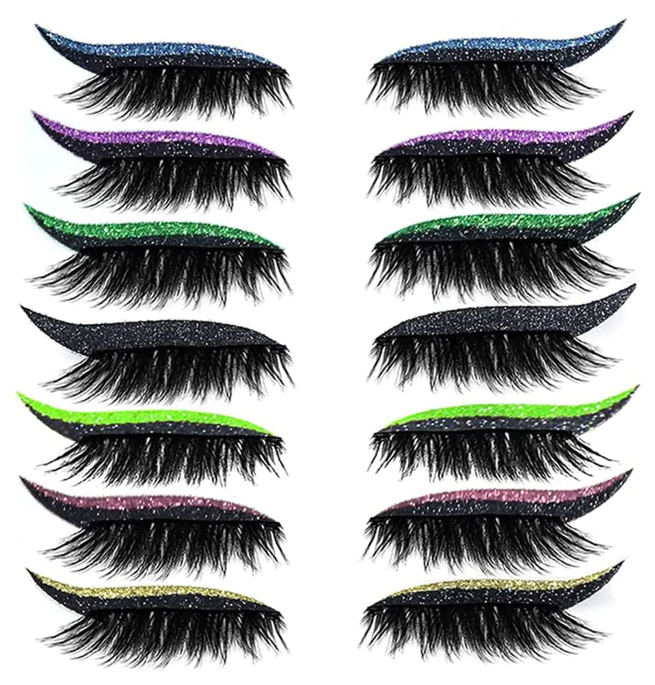 False EyelashesReusable Eyeliner and Eyelash Stickers 7 Color Waterproof Sticker EyelashesEasy to Wear and RemoveWomen Make Up Glitter Lashes (A Set of Seven Colors)