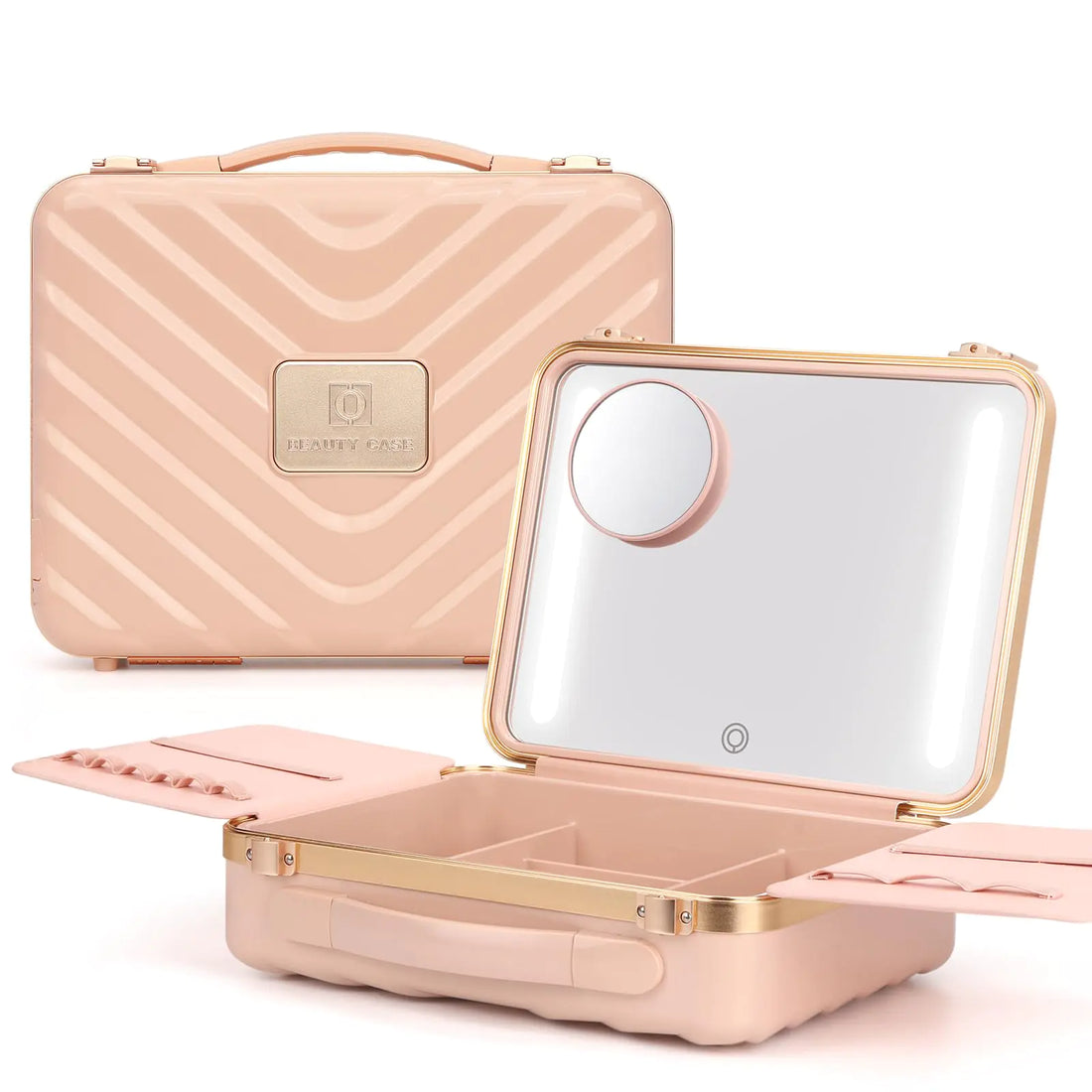 KZAOPZ Travel Makeup Train Case with Mirror: 3 Colors LED Light with 10X Magnification - Portable Make up Organizer Box for Women Girls（Nude