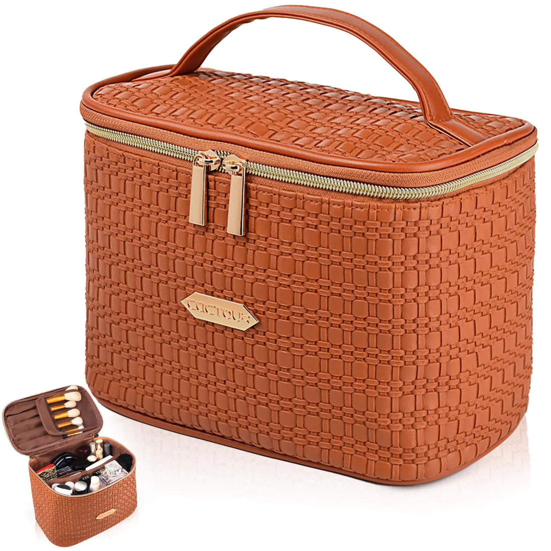 CaCTOUR Make Up Bags for WomenPortable Cosmetic Organizer BagLarge Makeup Organizer Bag Travel with Brush Storage (Brown)