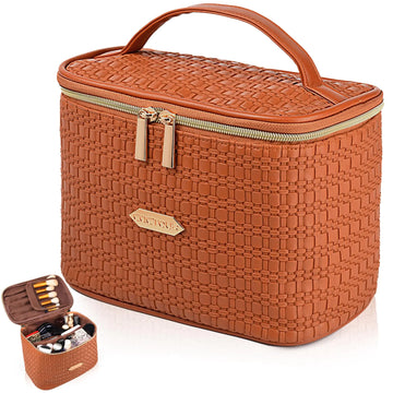 CaCTOUR Make Up Bags for WomenPortable Cosmetic Organizer BagLarge Makeup Organizer Bag Travel with Brush Storage (Brown)