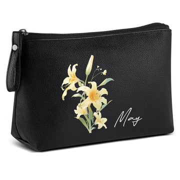 MAANGE Small Makeup Bag Personalized Cosmetic Bag PU Leather Makeup Pouch Black Make up Bag for Purse Birthday Gifts for Women May