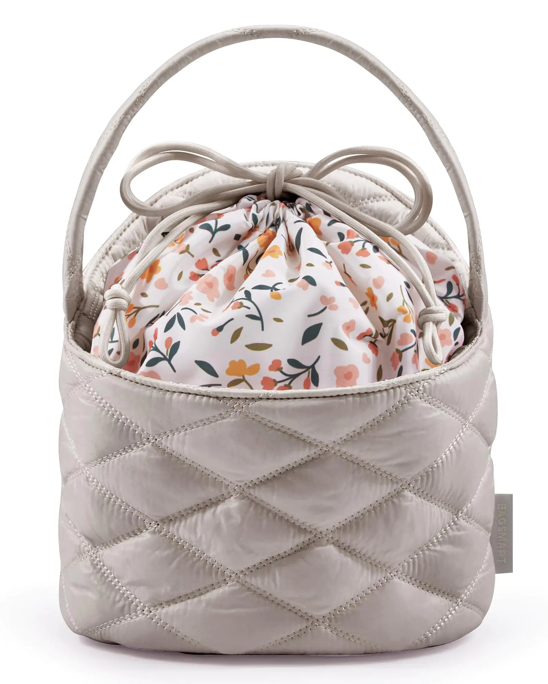 BAGSMART Barrel Drawstring Makeup Bag Travel Toiletry Bag Large Cosmetic Bag Portable Make Up Bags for Women Toiletries Accessories Brush Khaki