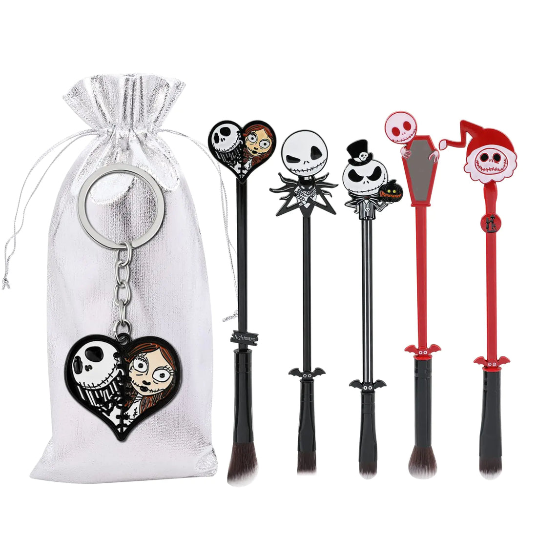 Nightmare Before Christmas Makeup Brushes - 5pcs Corpse Bride Anime Make Up Brush Set Silver Drawstring Bag Included (Brushes and Keychain)