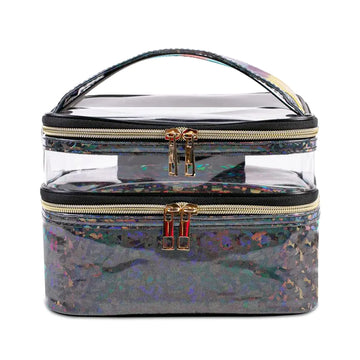 FITINI Makeup Bags Double Layer Travel Storage Cosmetic Cases Make-up Organizer Toiletry Bags Water-resistant for Women Makeup Brush BagBlack