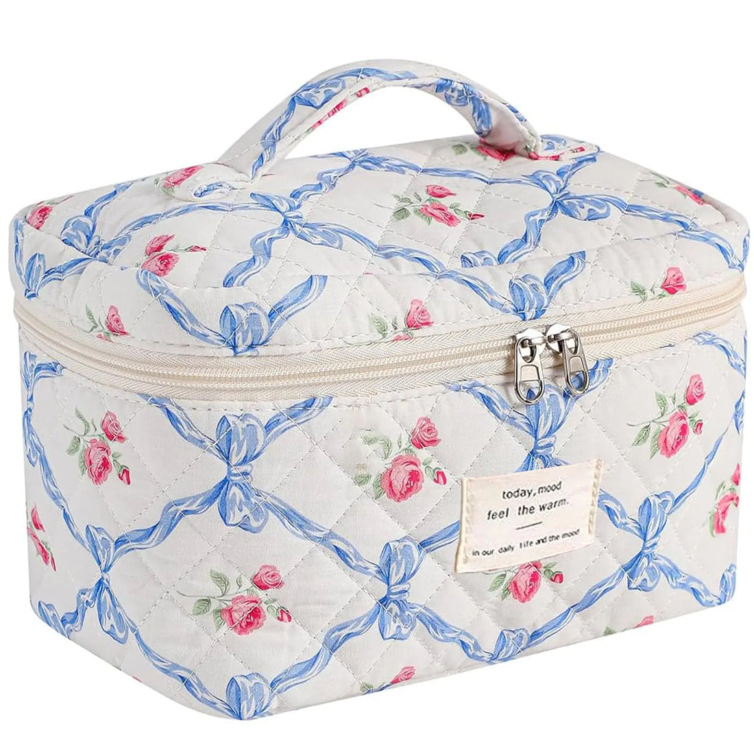 AMULOKRU Large Makeup Bag Cute Cosmetic Bags for Women Girls Quilted Makeup Bag Floral Makeup Bag Coquette Aesthetic Floral Travel Make Up Organizer BagBlue Bow