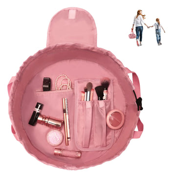 SUMBABO Drawstring Cosmetic Bag for Women – Travel toiletry bag for Barrel Make Up Organizer Bag with Brush Area (Pink)